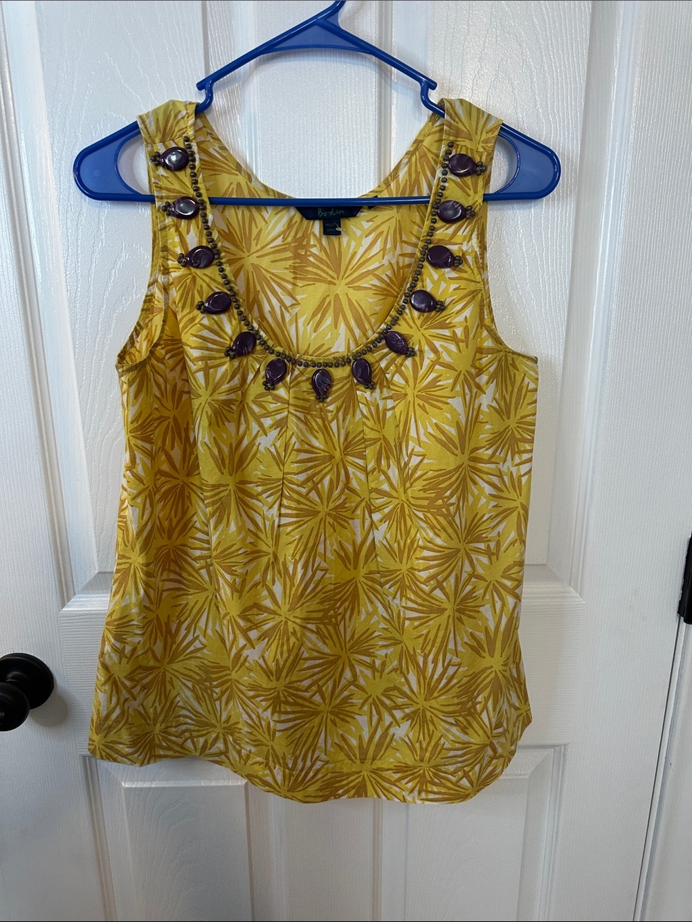 Boden Yellow Floral Print Sleeveless Top with Beaded Neckline